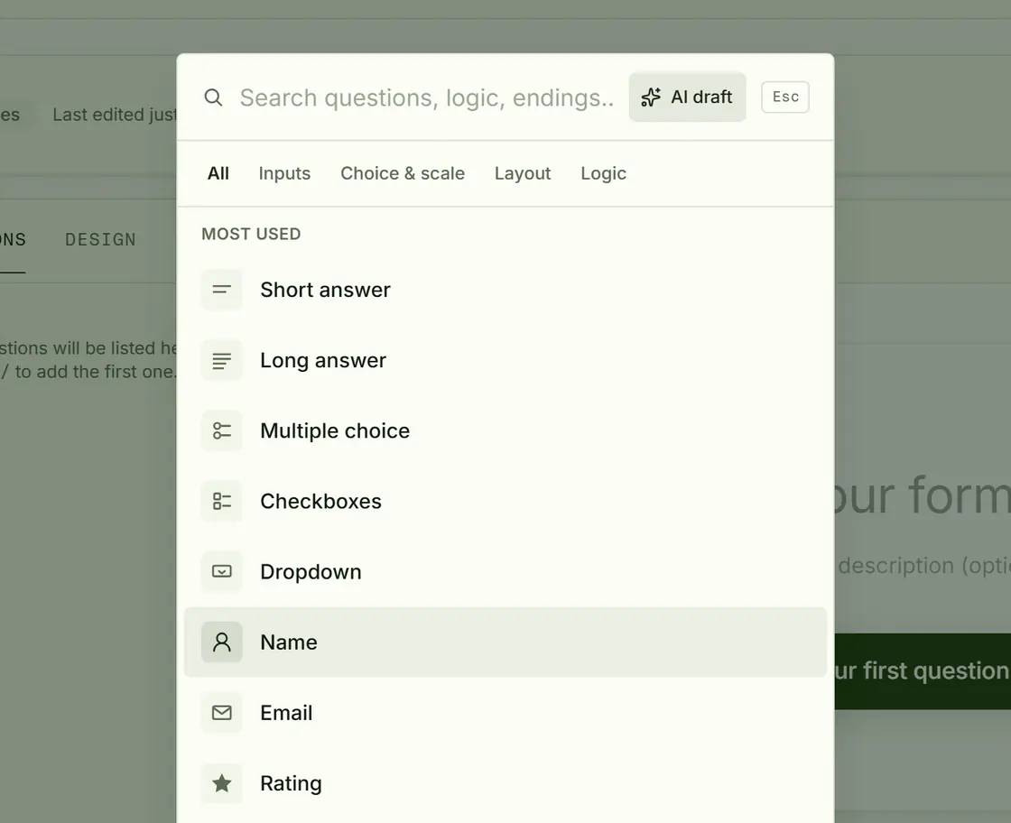 The editor’s Add menu: a search box, tabs for Inputs, Choice and scale, Layout and Logic, and the question types, starting with Short answer, Long answer and Email.