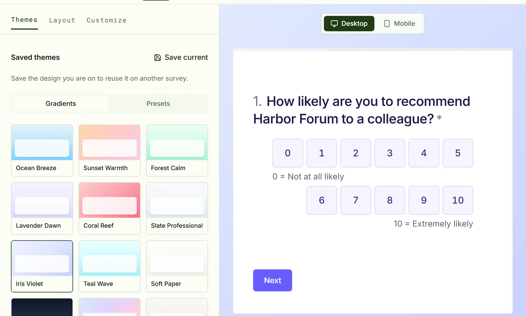 The Design tab: a gallery of gradient themes beside a live preview of the form.