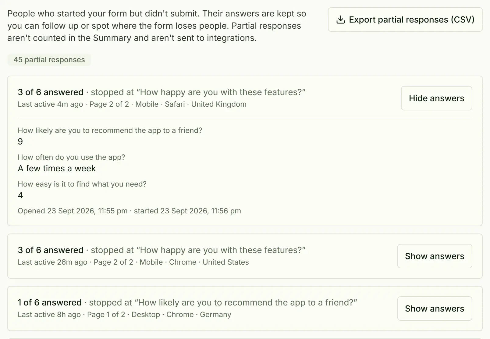 Partial responses: 45 people who started but didn't submit, each showing how many questions they answered, where they stopped, and their answers so far.
