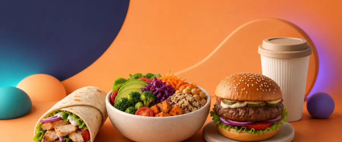 A wrap, a veggie bowl and a burger from the menu
